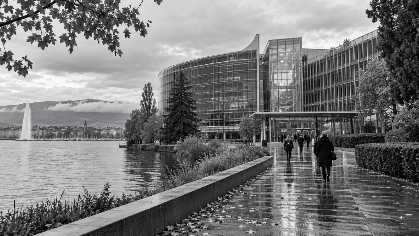 The World Meteorological Organization headquarters stands beneath overcast skies in Geneva, Switzerland / EconoTimes.ai (mono)