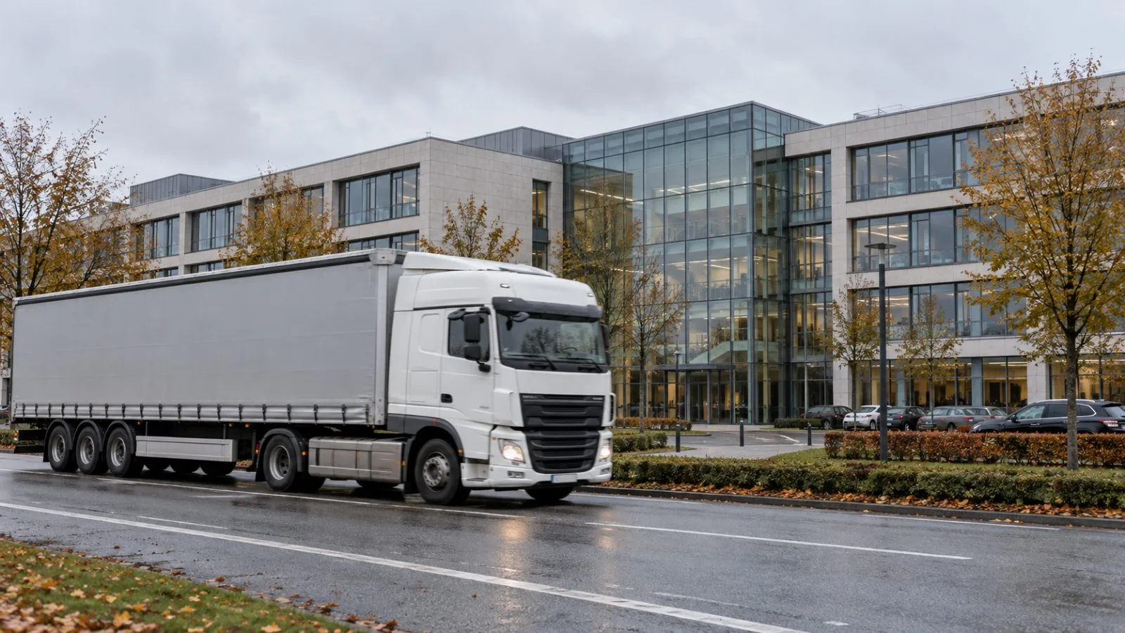 A freight truck passes DSV's headquarters in Hedehusene, Denmark, on an overcast morning. (AI-generated image / EconoTimes)