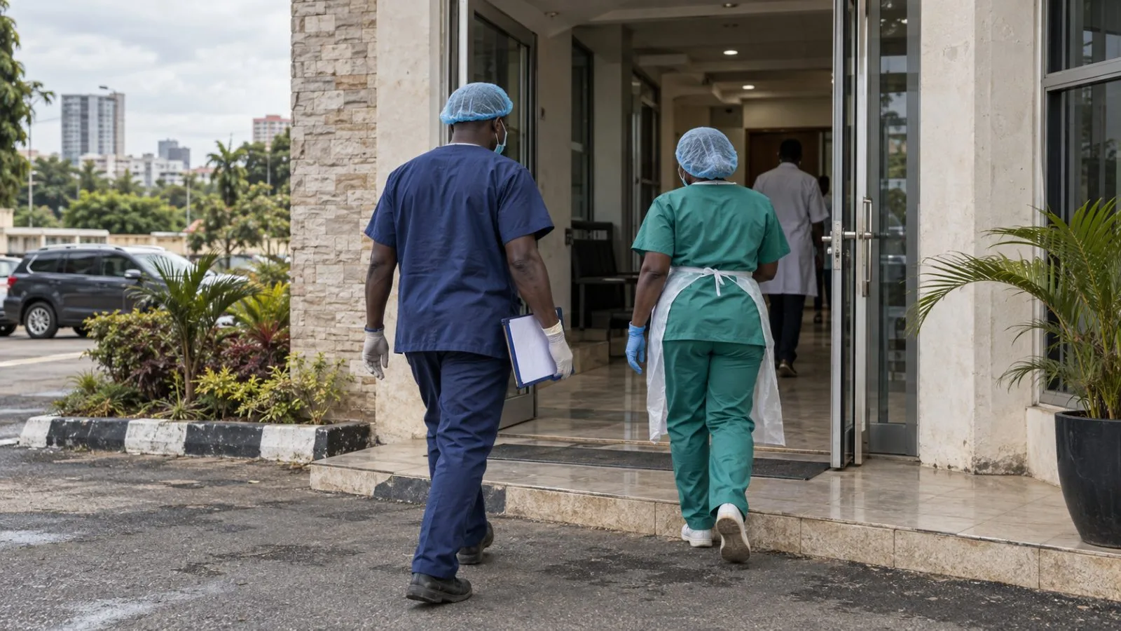 Health workers enter a private medical facility in Abuja, Nigeria. (AI-generated image / EconoTimes)