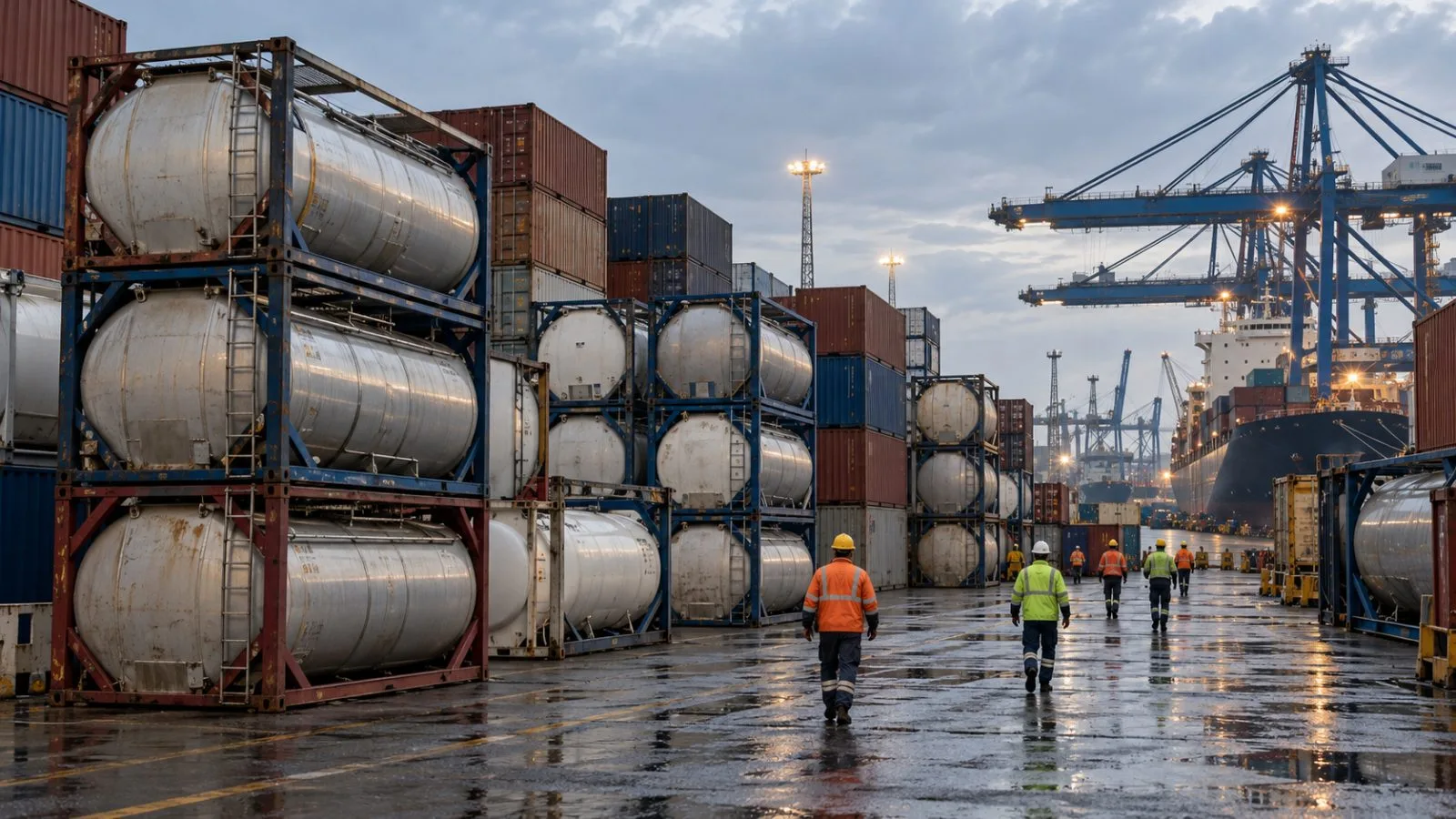 Tank containers sit in a cargo yard at Jawaharlal Nehru Port near Mumbai, India. (AI-generated image / EconoTimes)