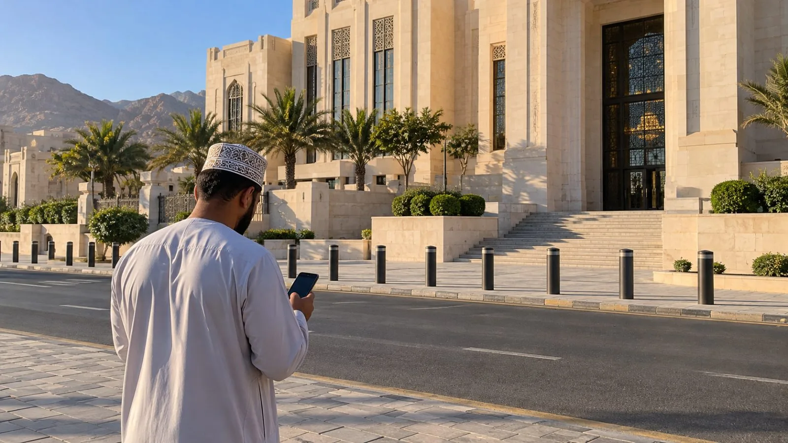 A passerby checks a phone outside a government building in Muscat, Oman. (AI-generated image / EconoTimes)