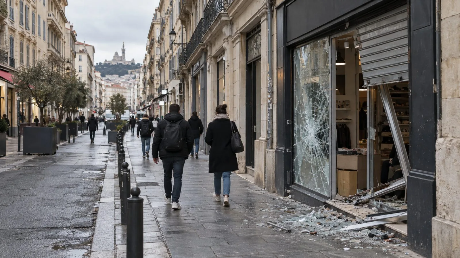 Pedestrians pass a damaged shopfront on a shopping street in Marseille, France. (AI-generated image / EconoTimes)