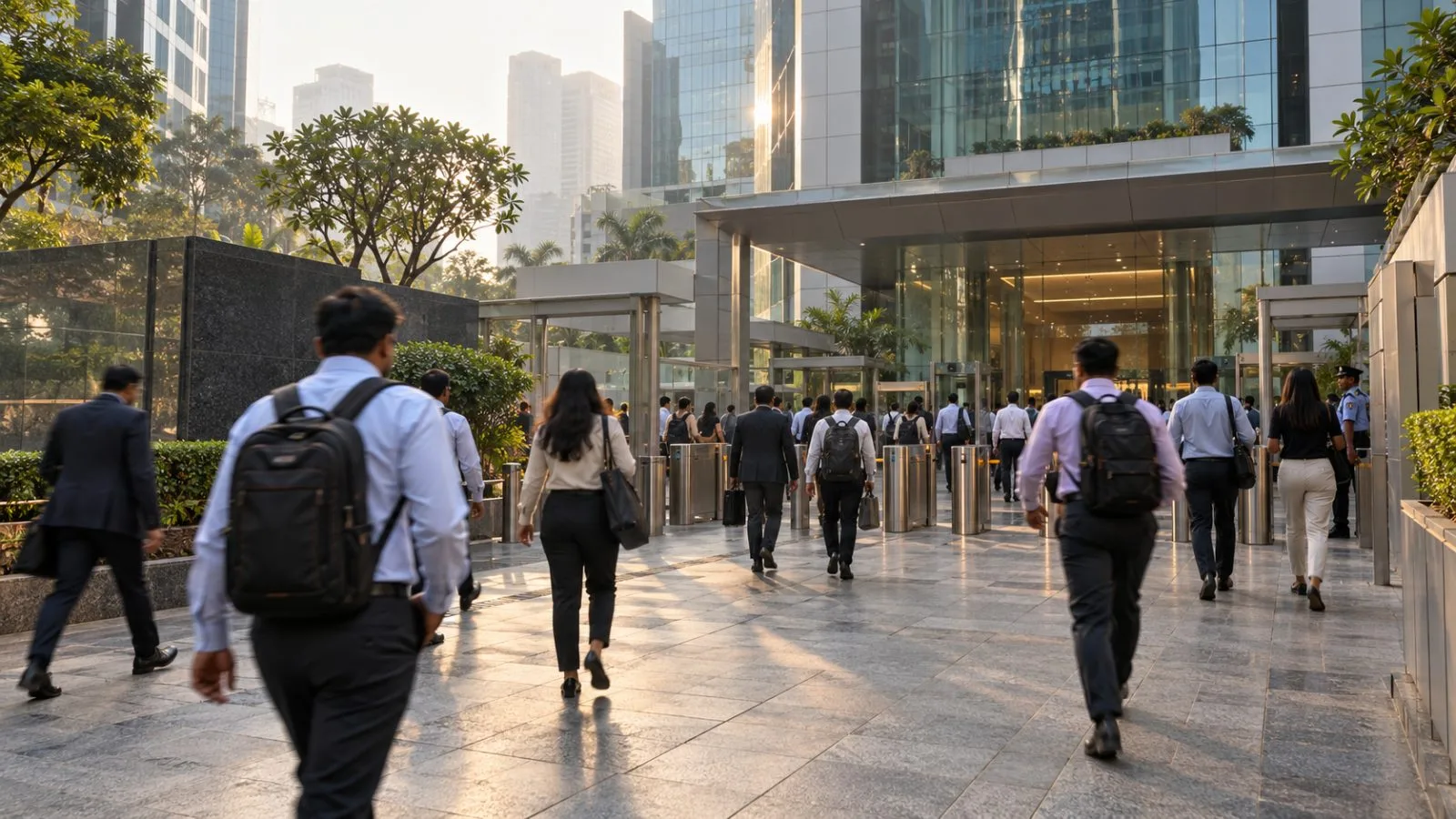 Commuters pass the National Stock Exchange campus in Mumbai during morning trading. (AI-generated image / EconoTimes)