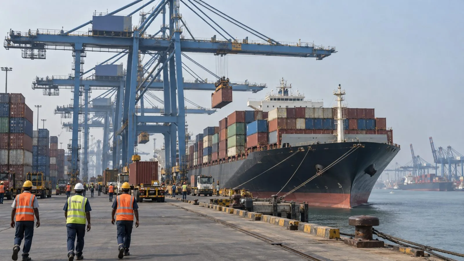 Cranes load containers onto a cargo vessel at Jawaharlal Nehru Port near Mumbai. (AI-generated image / EconoTimes)