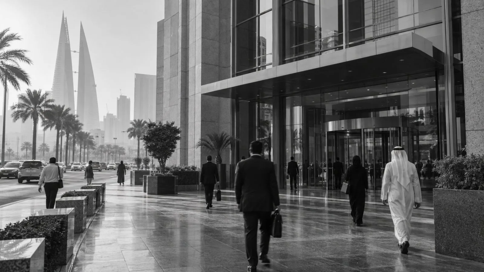 Commuters pass the National Bank of Bahrain office tower in Manama (AI-generated image / EconoTimes)
