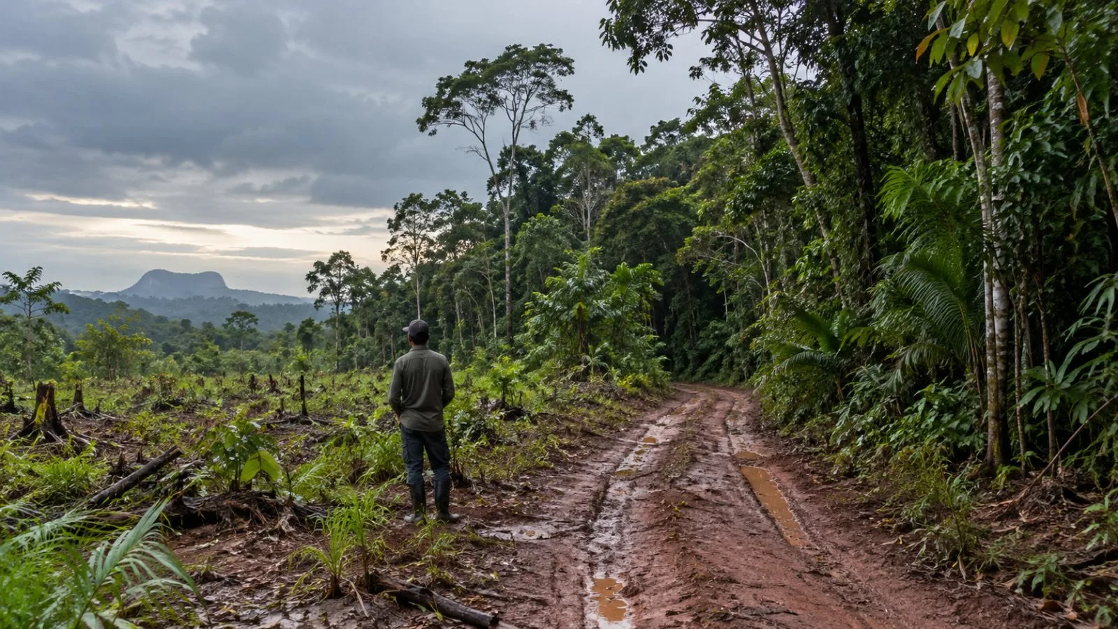A dirt access road borders a forest clearing in Roraima, northern Brazil. (AI-generated image / EconoTimes)