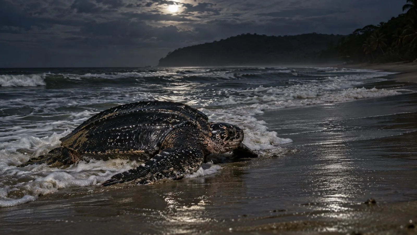 A leatherback turtle crawls ashore to nest at Grande Riviere Beach, Trinidad and Tobago (AI-generated image / EconoTimes)