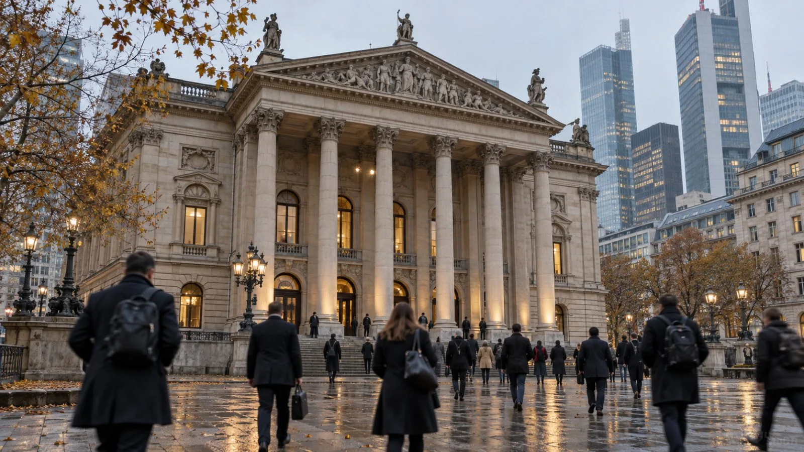 Morning commuters pass the Frankfurt Stock Exchange in Frankfurt, Germany. (AI-generated image / EconoTimes)