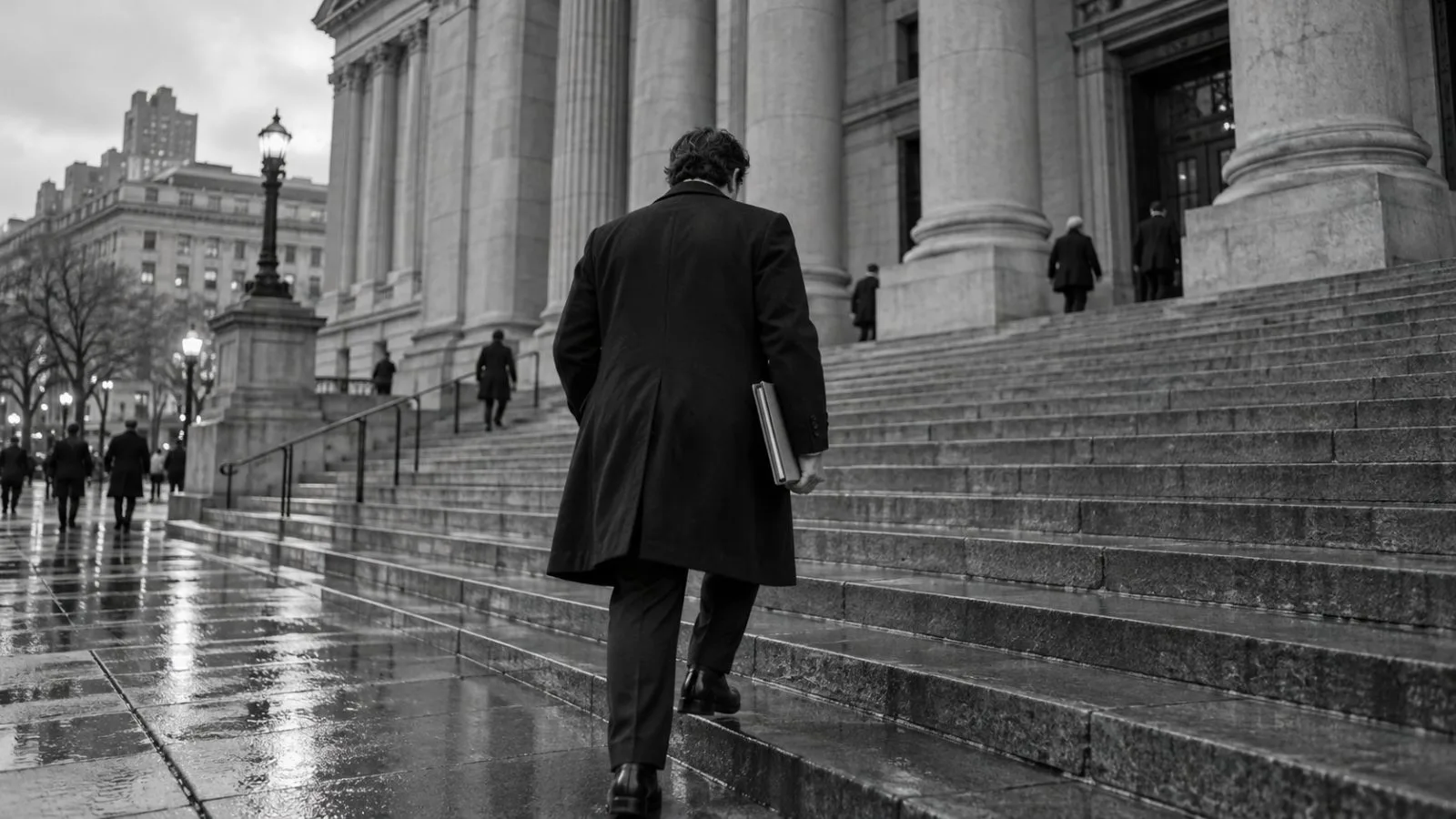 Visitors enter the federal courthouse in lower Manhattan beneath its stone facade. (AI-generated image / EconoTimes)