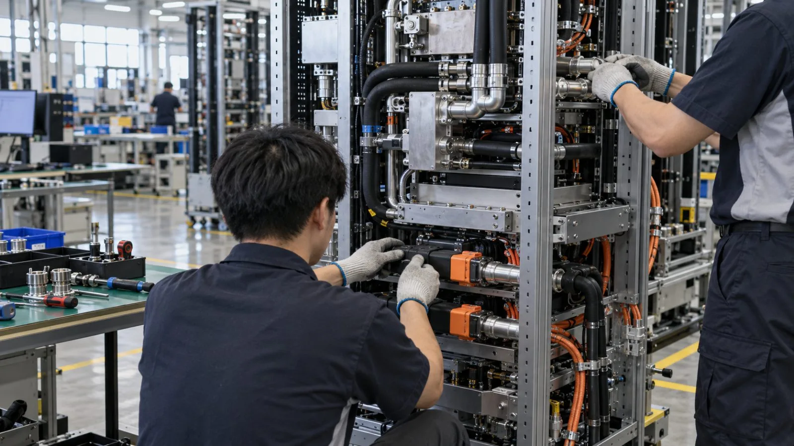 Technicians inspect liquid-cooling manifolds on a factory assembly line in New Taipei City, Taiwan. (AI-generated image / EconoTimes)