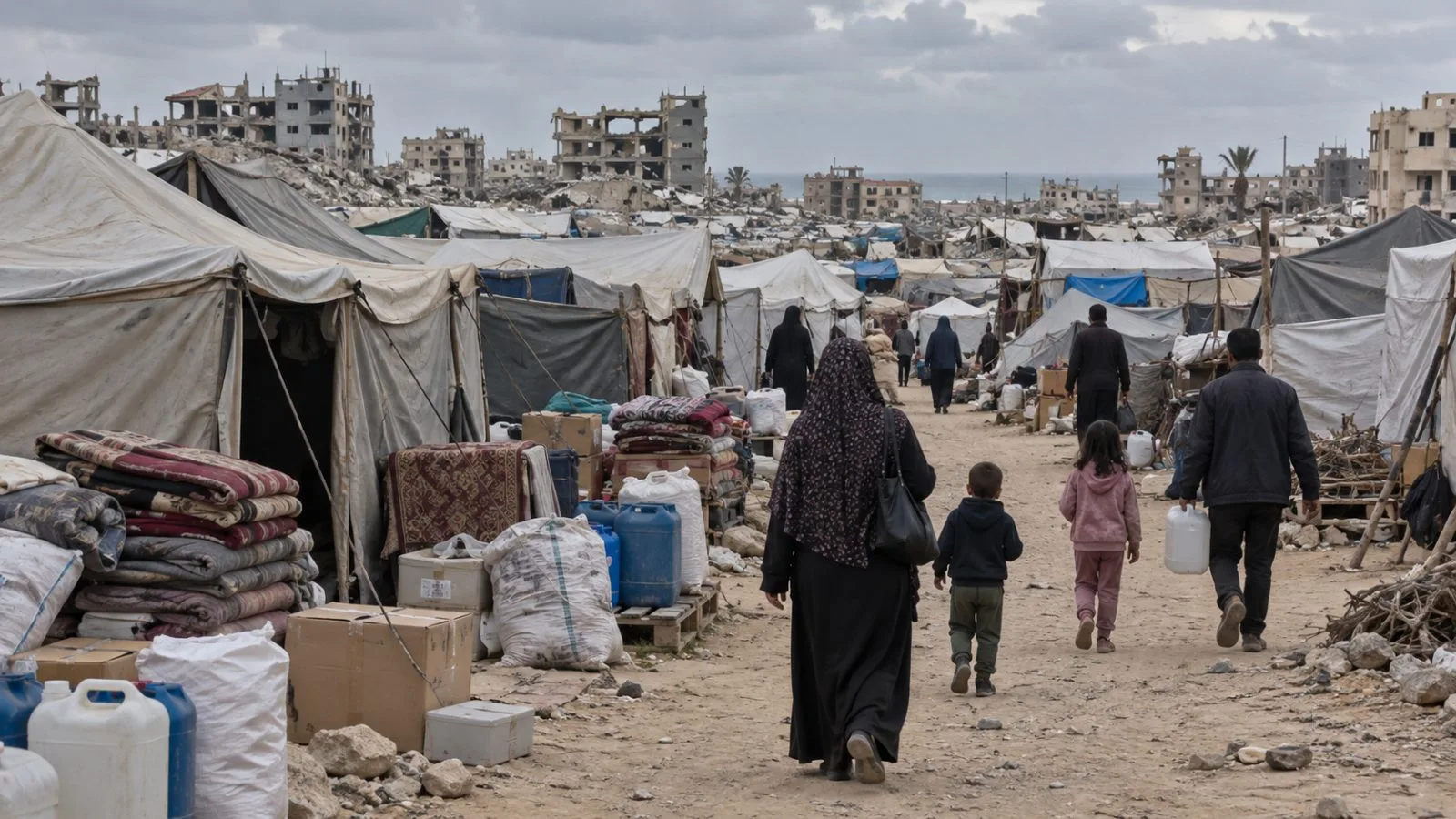 Shelter supplies sit beside temporary tents in Deir al-Balah, Gaza Strip. (AI-generated image / EconoTimes)