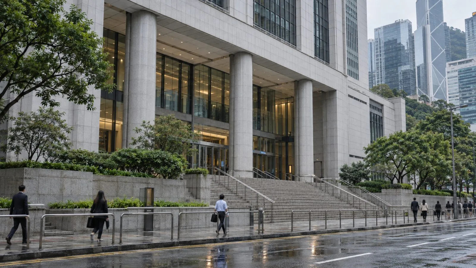 Pedestrians pass the High Court building along Queensway in Hong Kong. (AI-generated image / EconoTimes)