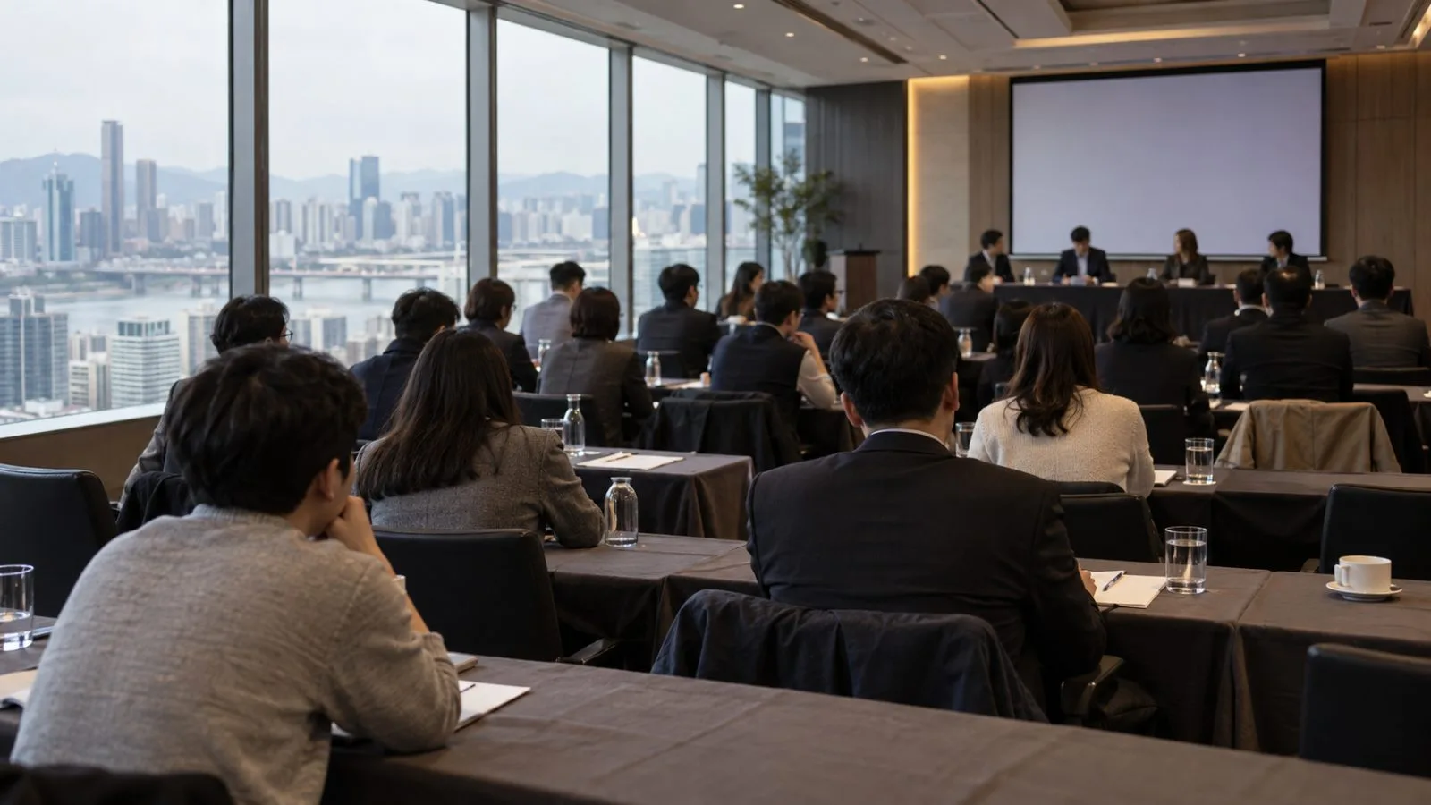 Attendees face a panel at a policy institute launch in Seoul, South Korea. (AI-generated image / EconoTimes)