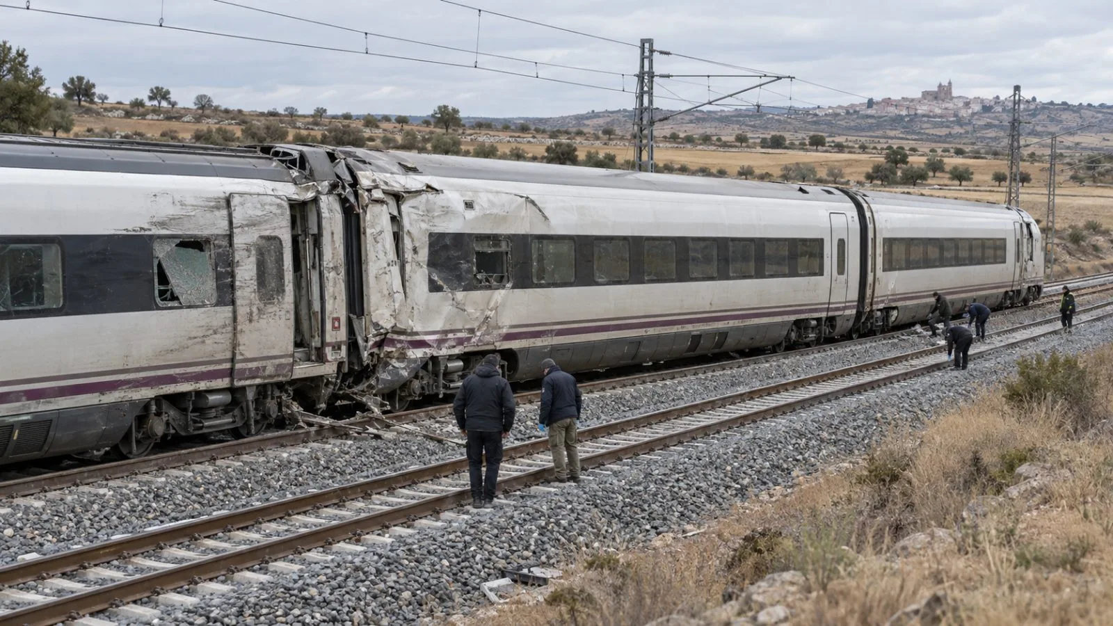 Damaged high-speed train carriages sit beside the railway near Urda, Toledo, Spain. (AI-generated image / EconoTimes)