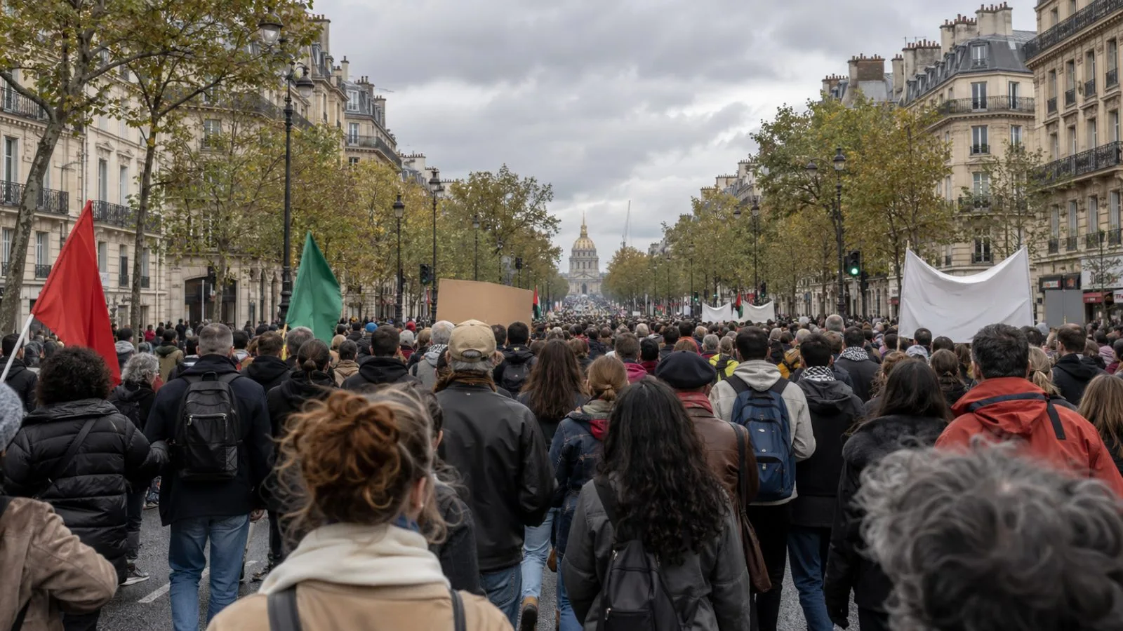 Demonstrators gather along a central avenue in Paris, France, under an overcast sky. (AI-generated image / EconoTimes)