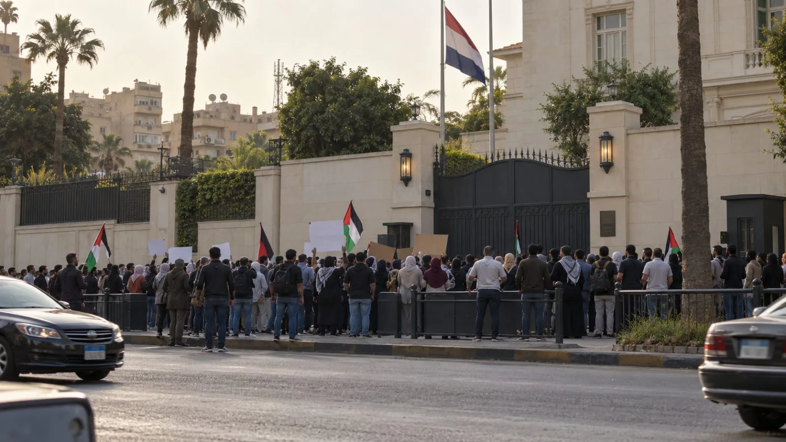 Demonstrators gather outside the Dutch Embassy in Cairo, Egypt, during a daytime protest. (AI-generated image / EconoTimes)