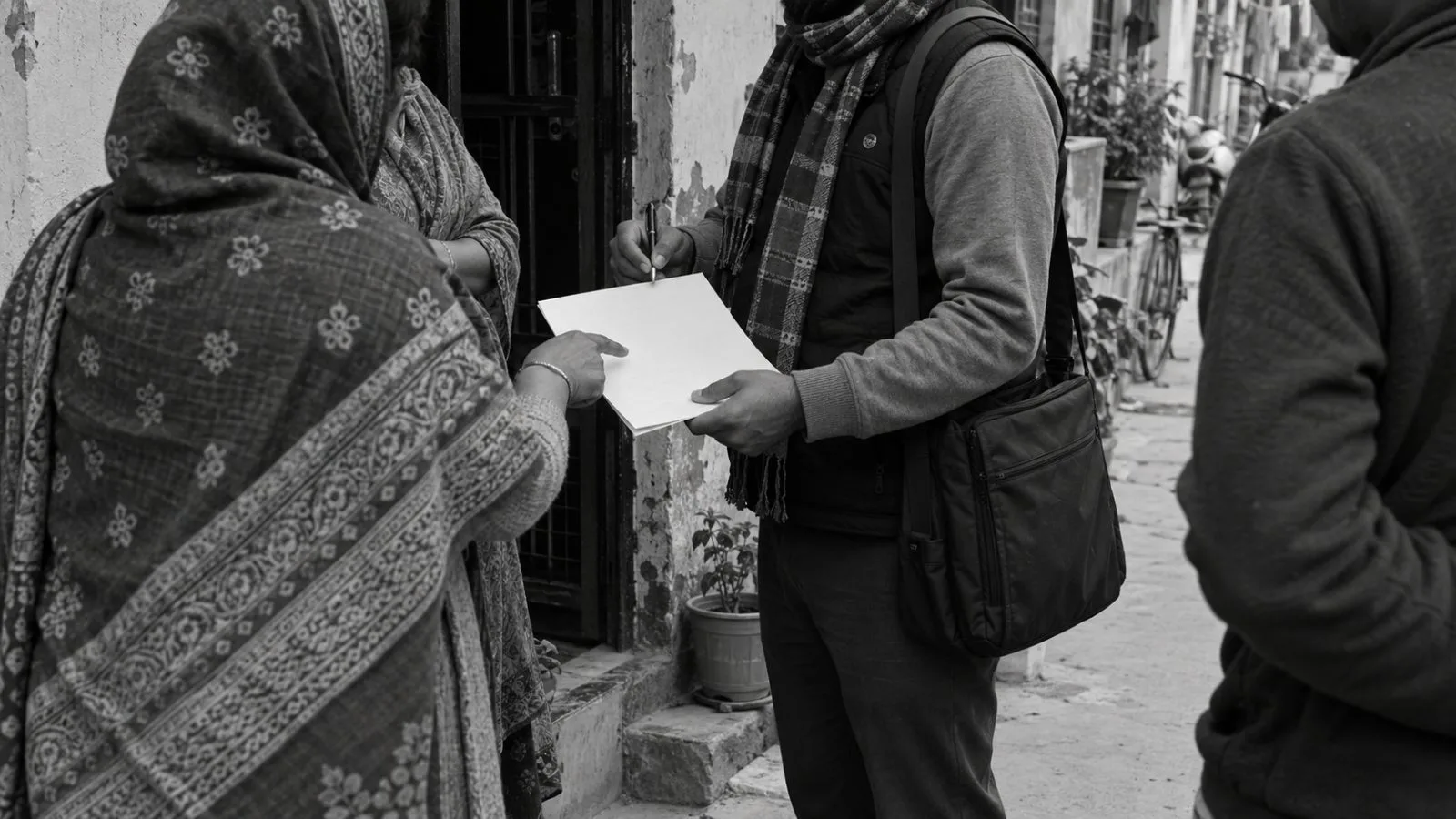 Residents speak with an election worker during voter-roll outreach in a Delhi neighborhood, India (AI-generated image / EconoTimes)
