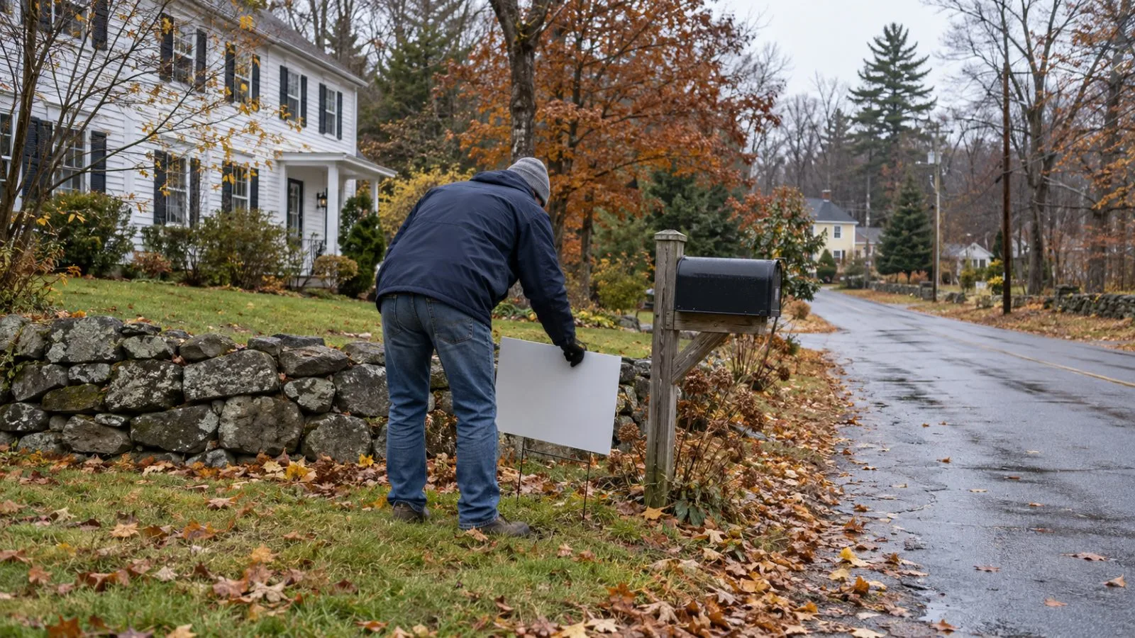 A campaign sign stands beside a residential street in Concord, New Hampshire, beneath gray autumn skies. (AI-generated image / EconoTimes)