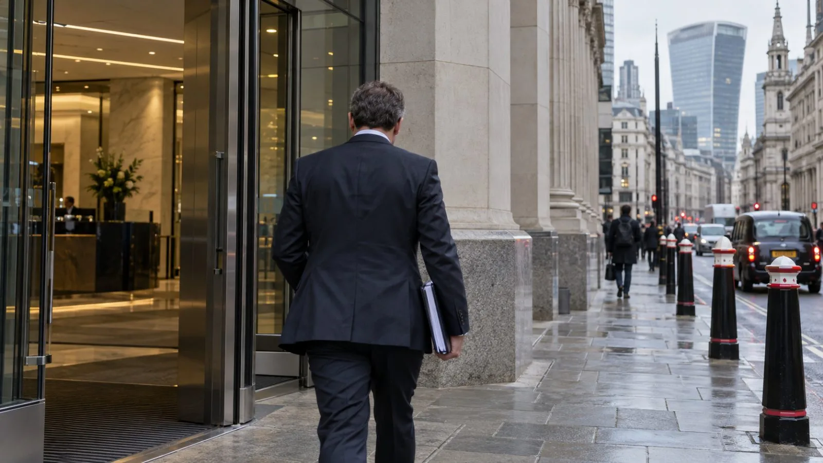 A person carrying a bound report leaves an office entrance on Gracechurch Street, London. (AI-generated image / EconoTimes)