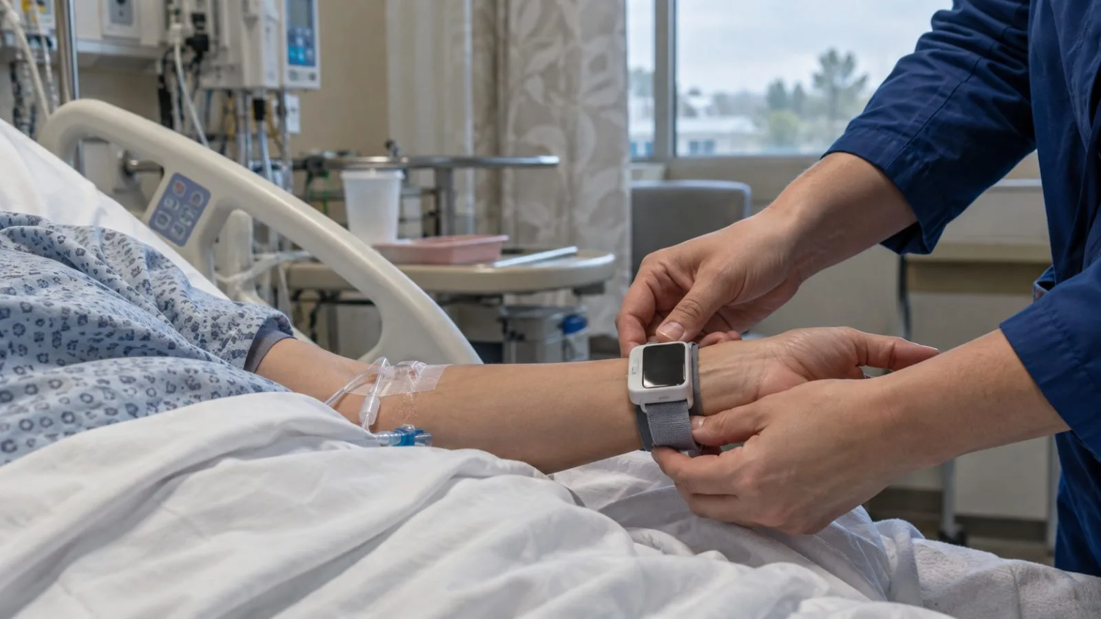 A clinician adjusts a patient-worn vital signs monitor in a hospital room in Irvine, California. (AI-generated image / EconoTimes)