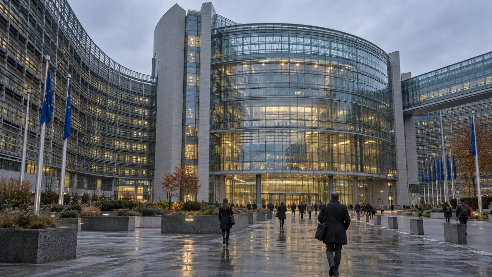 Pedestrians cross the forecourt of the European Council's Europa building in Brussels. (AI-generated image / EconoTimes)