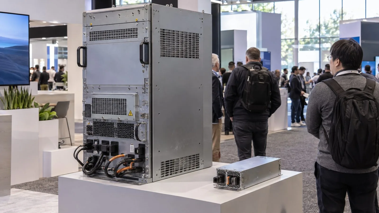 Visitors view power conversion equipment at the OCP Global Summit in San Jose, California. (AI-generated image / EconoTimes)