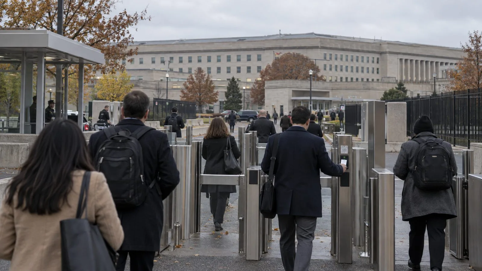 Federal employees pass an access-control checkpoint at the Pentagon in Arlington, Virginia. (AI-generated image / EconoTimes)