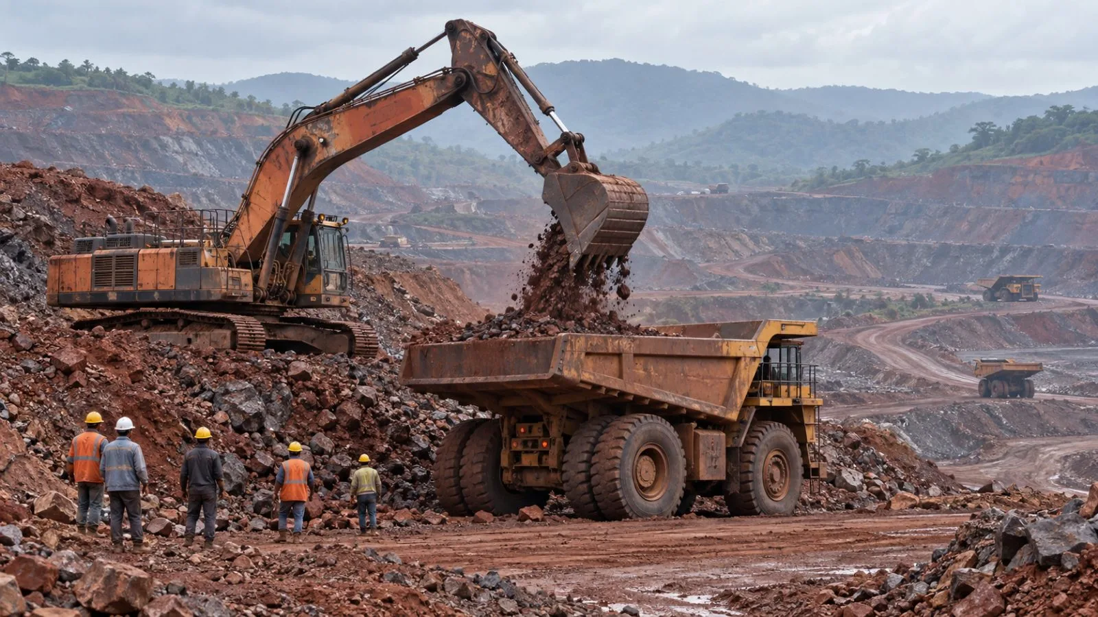 An excavator loads iron ore into a truck near Barbil, Odisha, India. (AI-generated image / EconoTimes)