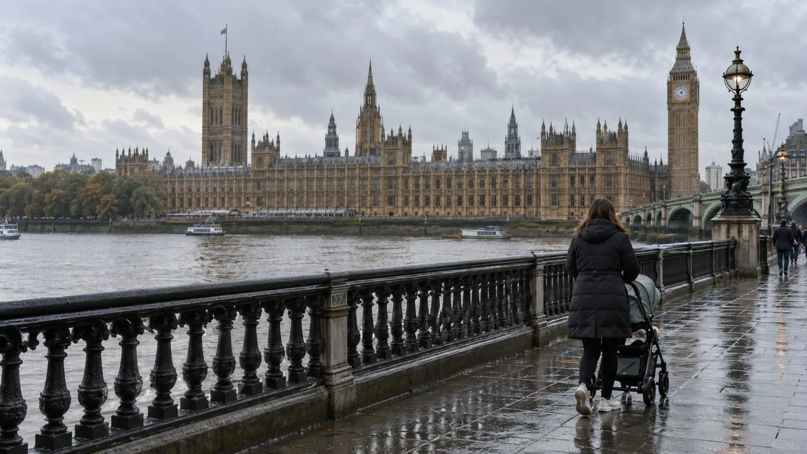 A parent pushes a stroller along the pavement near the Palace of Westminster in London. (AI-generated image / EconoTimes)