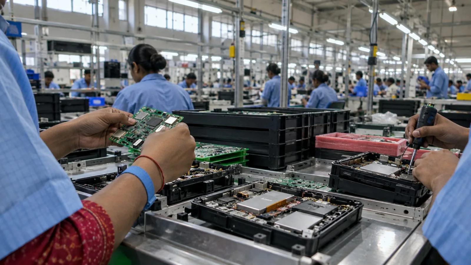 Workers inspect circuit boards inside an electronics manufacturing plant in Noida, India. / EconoTimes.ai