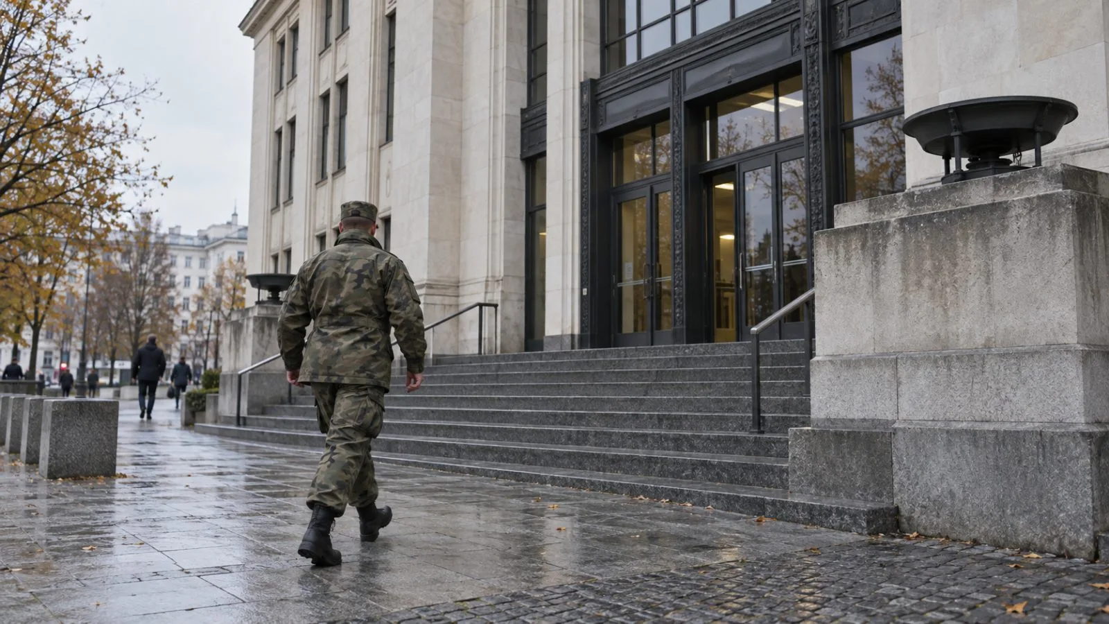 A courthouse entrance stands beneath an overcast sky in Warsaw, Poland. (AI-generated image / EconoTimes)
