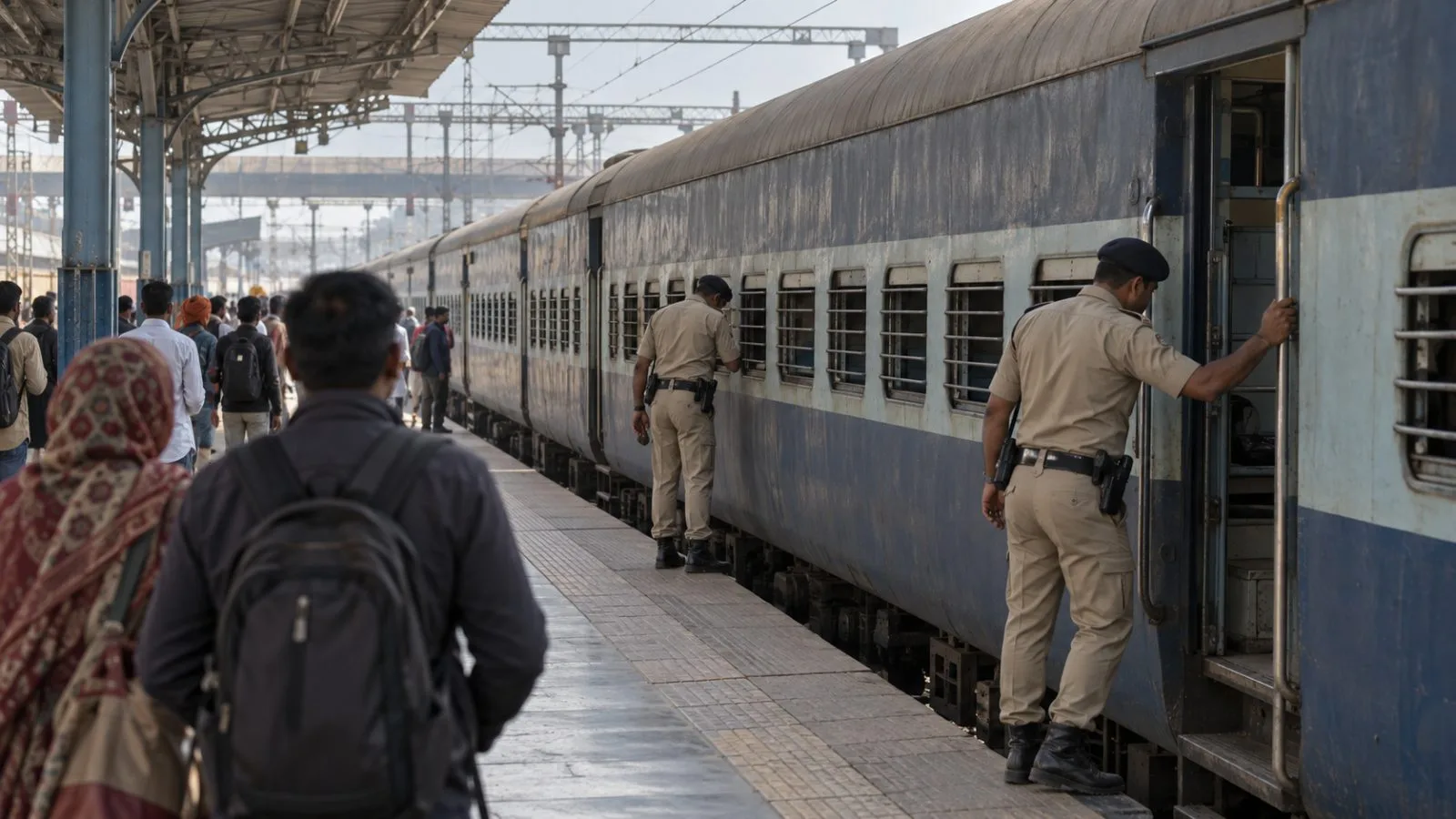 Police officers search a passenger train at a railway platform in Kota, Rajasthan. (AI-generated image / EconoTimes)