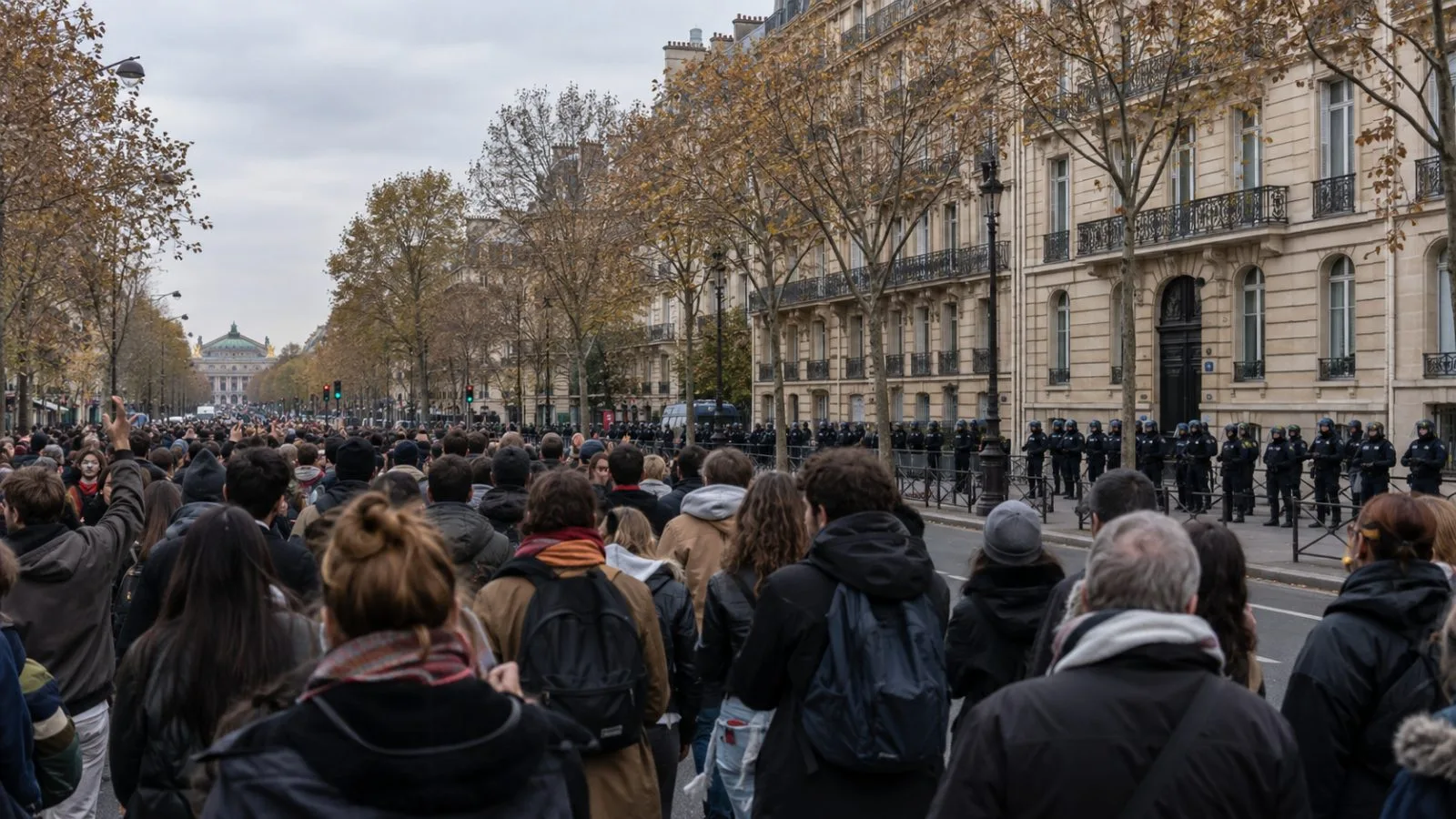 Police officers line a Paris boulevard as demonstrators gather during a street protest. (AI-generated image / EconoTimes)