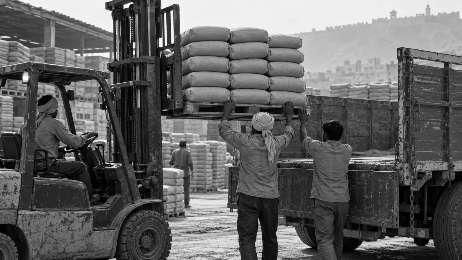 Workers load cement bags onto a delivery truck at a wholesale yard in Jaipur, India (AI-generated image / EconoTimes)