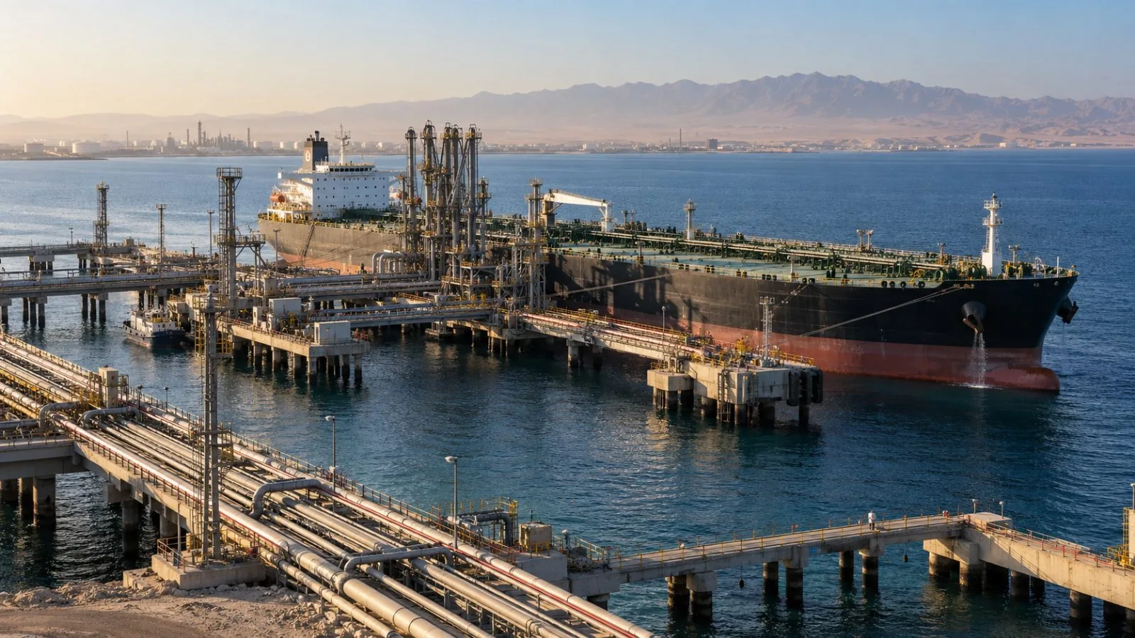 An oil tanker sits beside loading berths at Yanbu's Red Sea port, Saudi Arabia. (AI-generated image / EconoTimes)