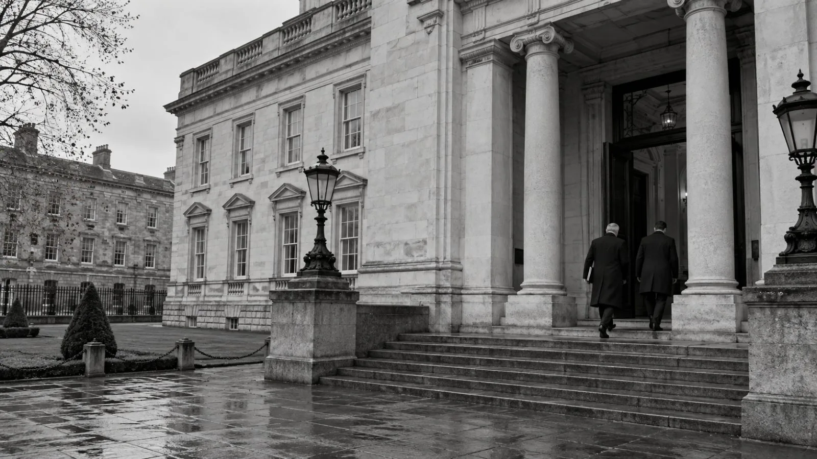 Government Buildings stand on Merrion Street in Dublin as pedestrians pass on an overcast afternoon (AI-generated image / EconoTimes)