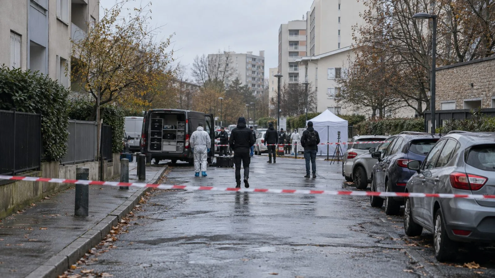 Police tape closes a residential street in Trappes, west of Paris, after a shooting. (AI-generated image / EconoTimes)