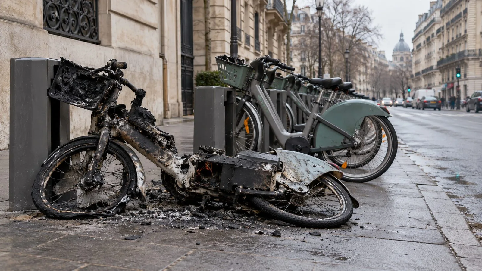 A damaged shared bicycle rests beside docking points on a Paris street (AI-generated image / EconoTimes)