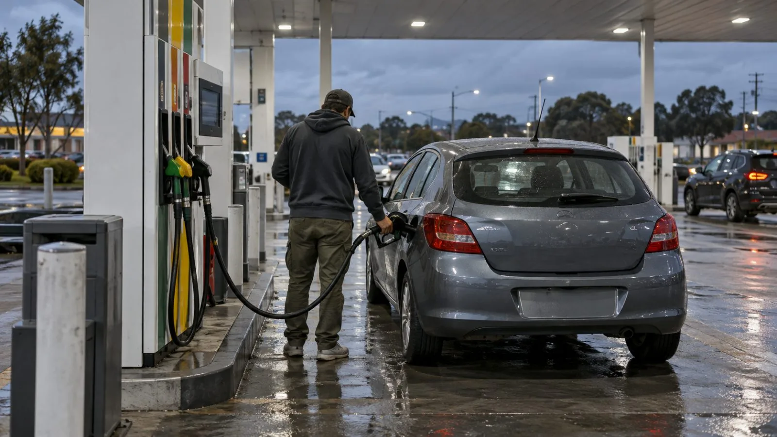 A motorist stands beside a fuel pump at a Melbourne service station after dark. (AI-generated image / EconoTimes)