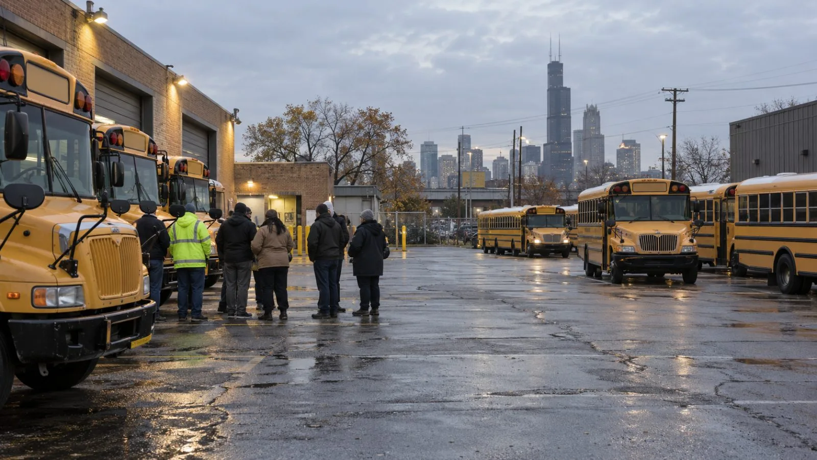Workers gather beside school buses at a depot in Chicago, Illinois, on an overcast morning. (AI-generated image / EconoTimes)