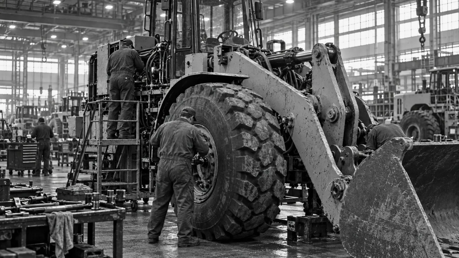 Workers assemble a wheel loader on a factory floor in East Peoria, Illinois. / EconoTimes.ai
