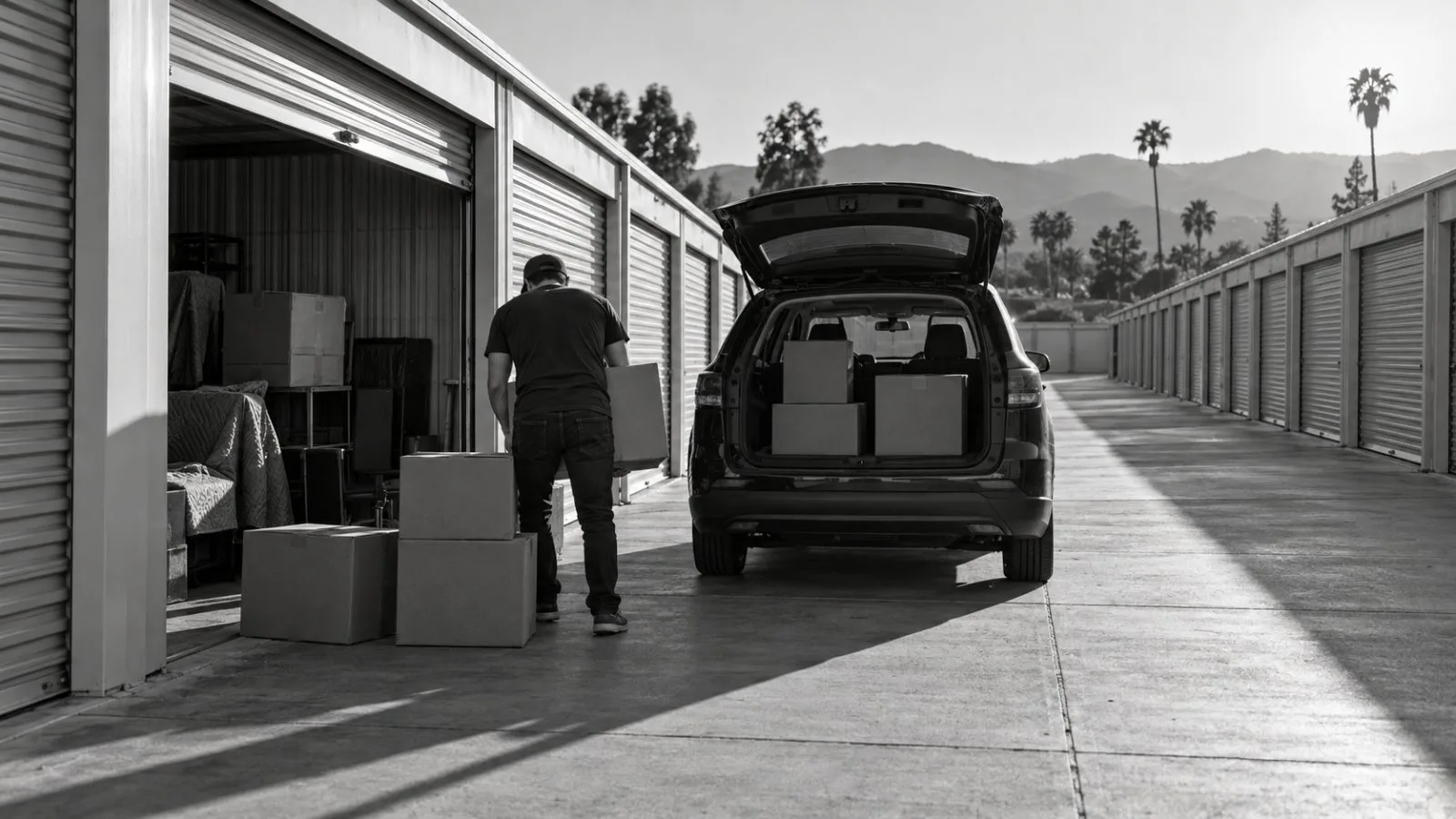 A customer unloads household belongings at a self-storage facility in Glendale, California. (AI-generated image / EconoTimes)
