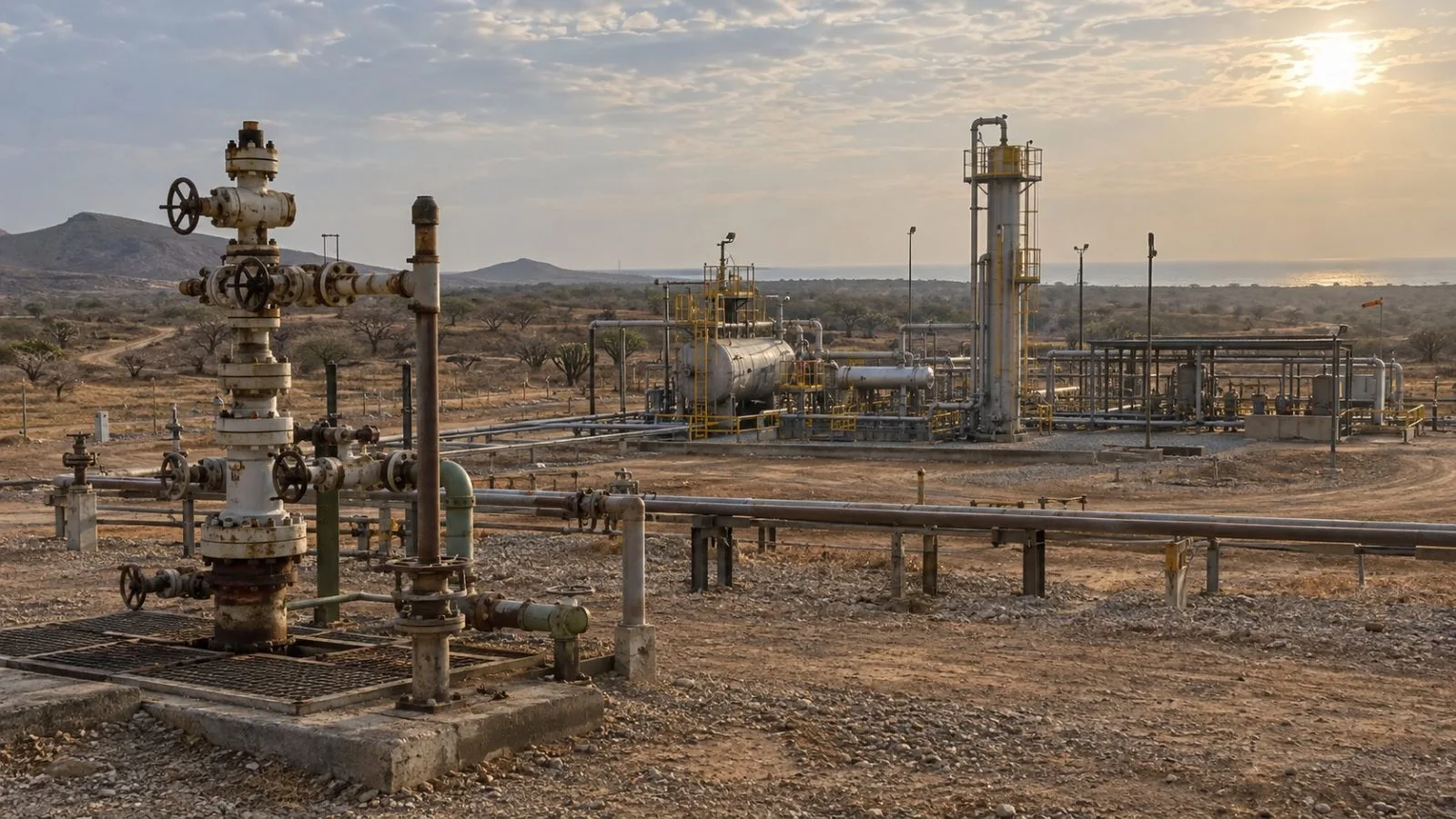 Gas pipes and processing equipment stand at the Maria Conchita field near Riohacha, Colombia. (AI-generated image / EconoTimes)