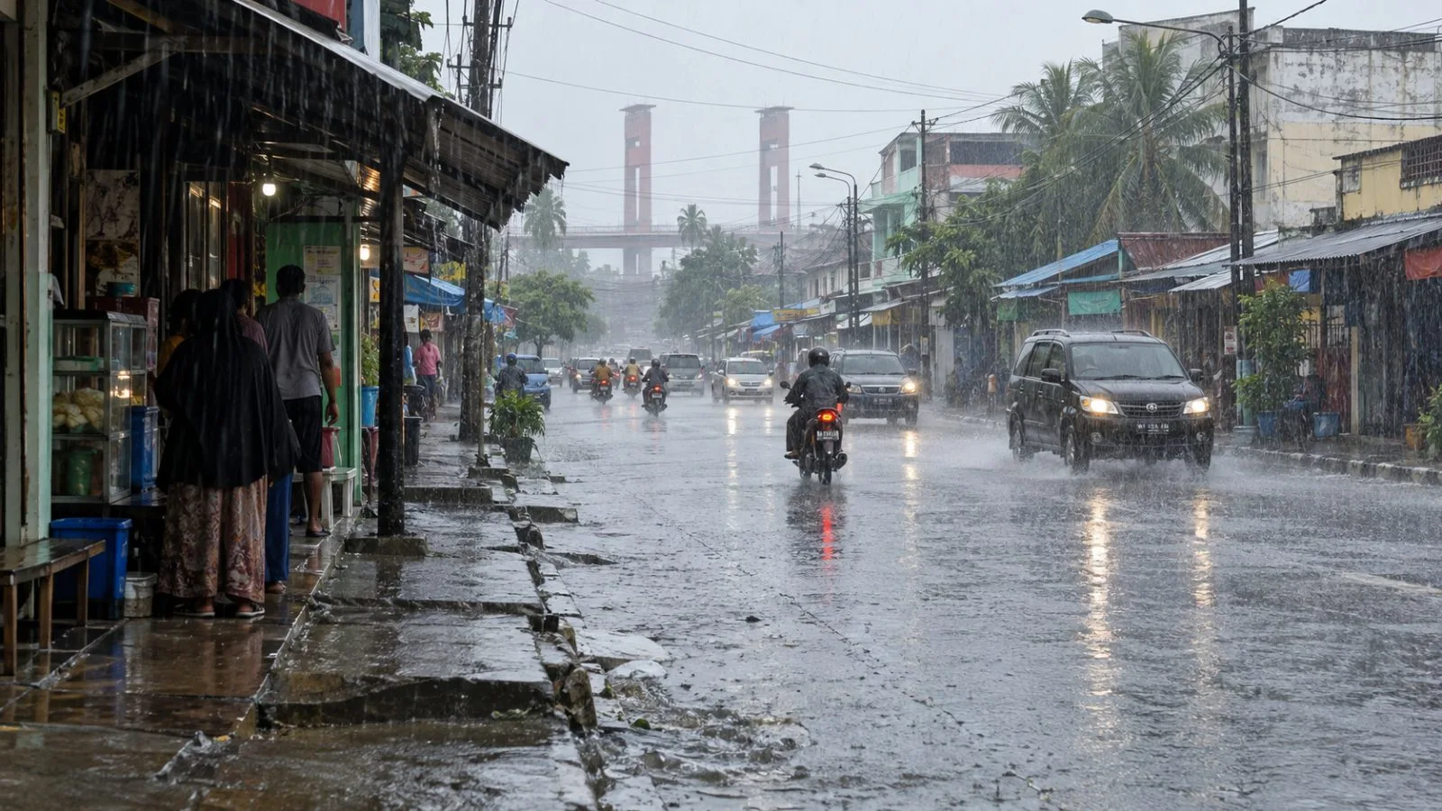 Rain falls on a street in Palembang, South Sumatra, Indonesia, as residents shelter beneath awnings. (AI-generated image / EconoTimes)