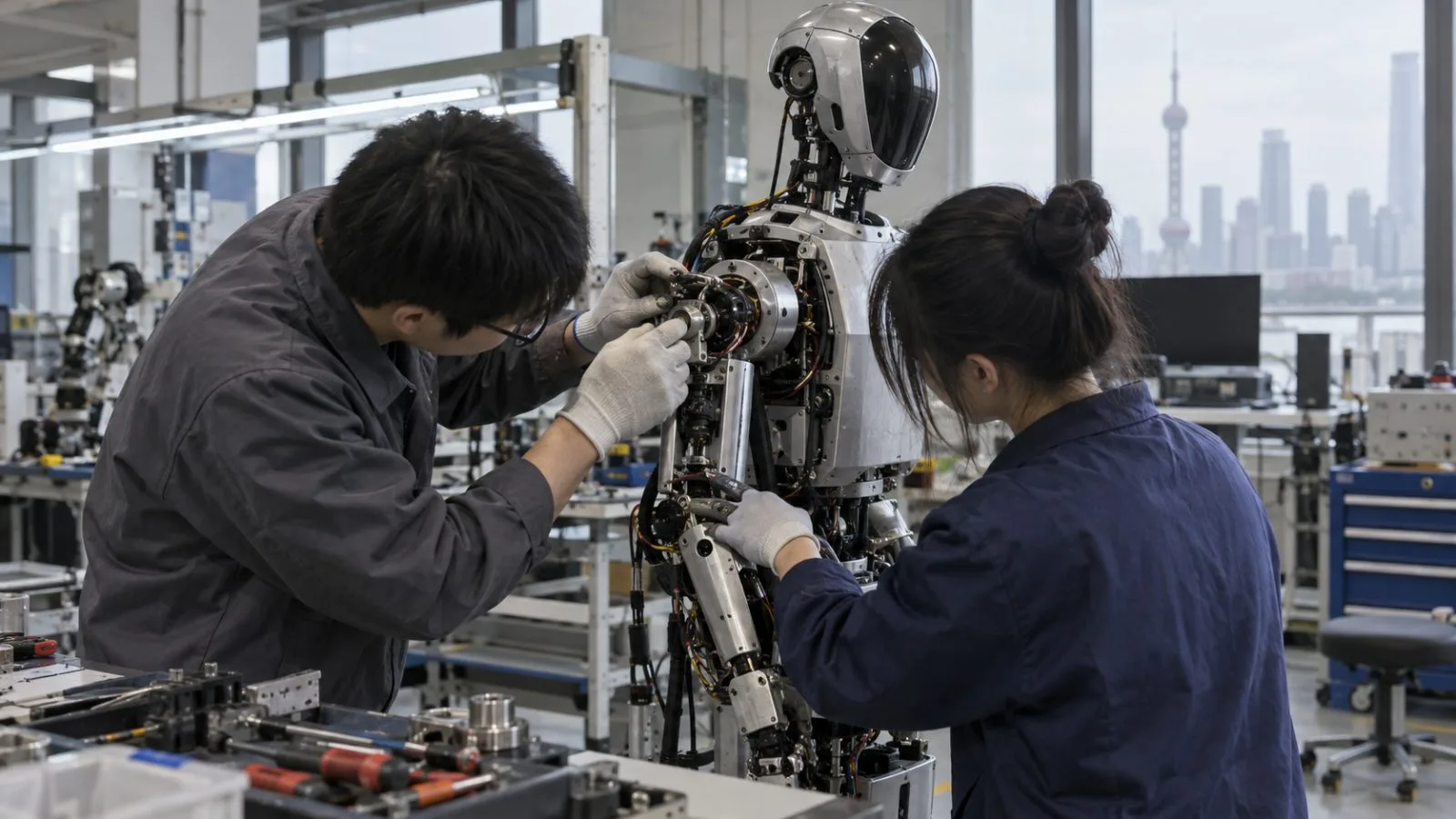 Technicians inspect a humanoid robot inside a robotics laboratory in Shanghai, China. (AI-generated image / EconoTimes)