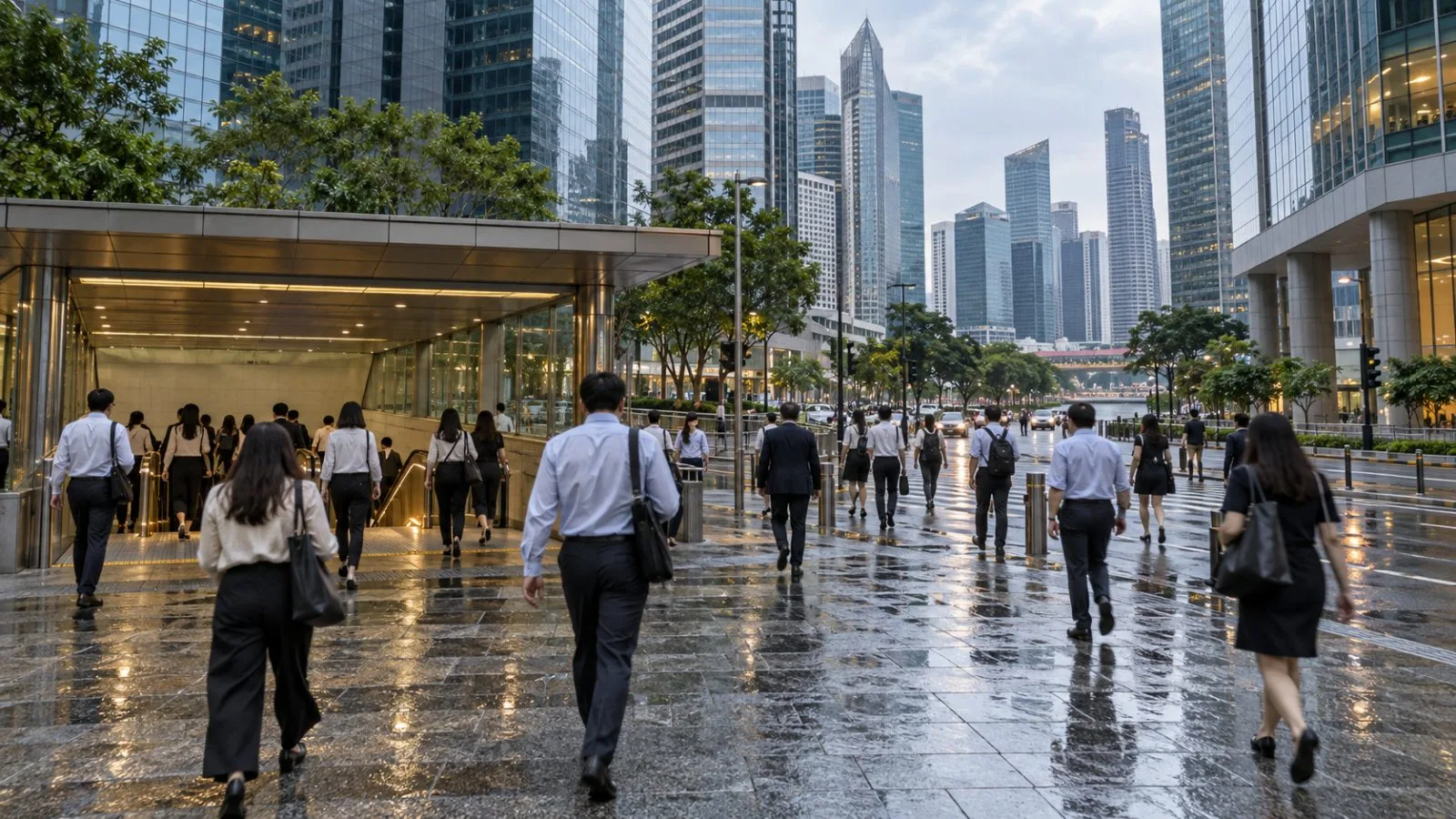 Office workers emerge from the MRT into Singapore's Raffles Place financial district after rain. (AI-generated image / EconoTimes)