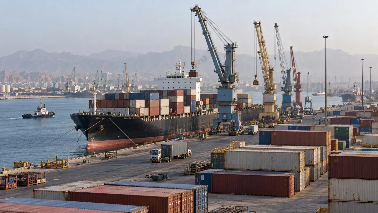 Cargo vessels sit beside container cranes at a commercial port in Bandar Abbas, Iran. (AI-generated image / EconoTimes)