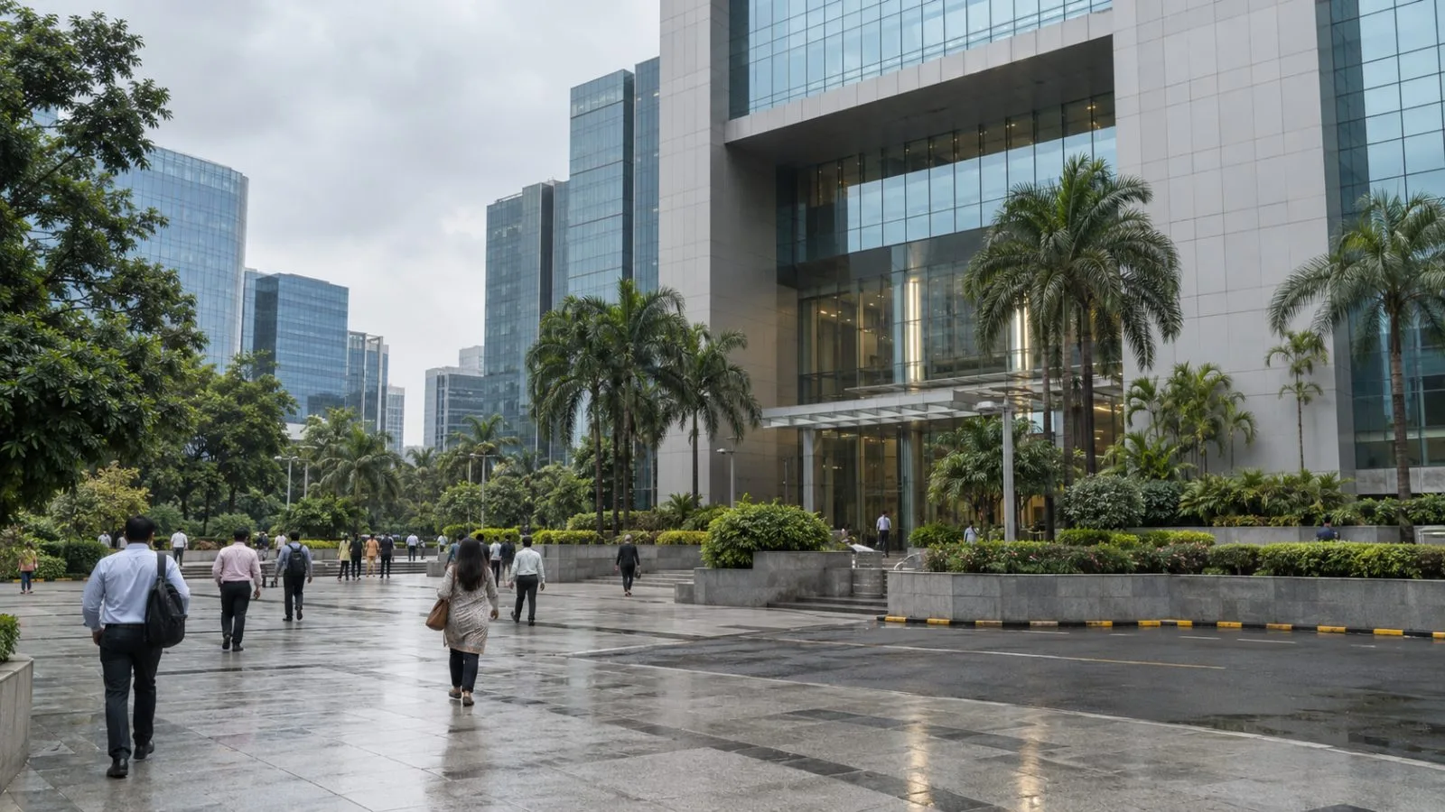 Commuters cross the forecourt outside the National Stock Exchange complex in Mumbai. (AI-generated image / EconoTimes)