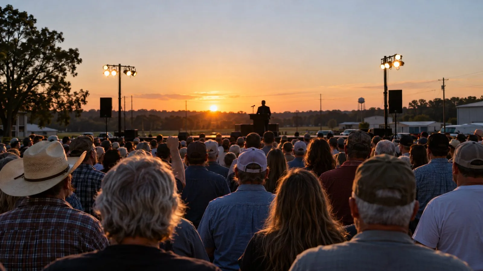 Crowd members face a lit stage during a rally in Perry, Georgia. (AI-generated image / EconoTimes)