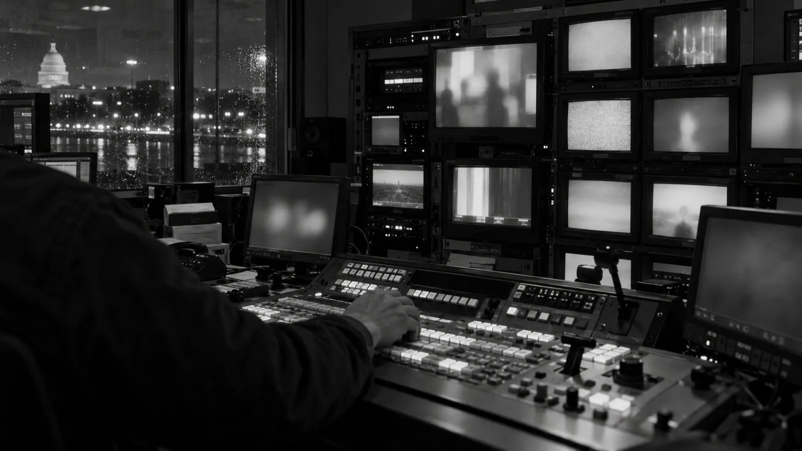 An engineer cues a broadcast feed in a Washington, D.C., television control room (AI-generated image / EconoTimes)